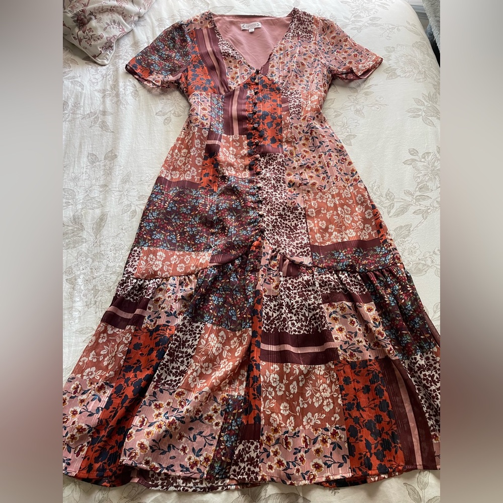 Nanette Lepore Purple Patchwork Floral Babydoll‎ Tie Back Midi Dress 4 Farmhouse